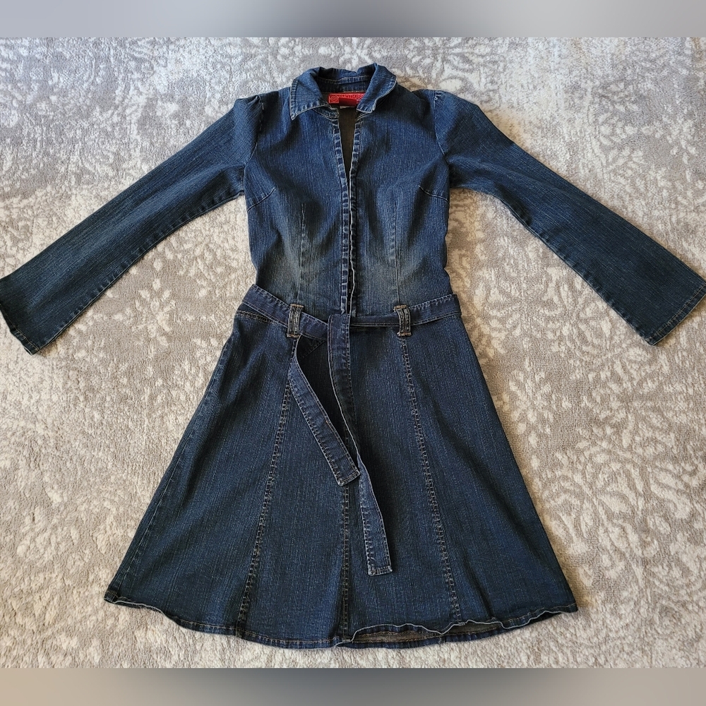 Junior's Hot Kiss Stretch Denim Flare VNeck Long Sleeve Dress, Size L